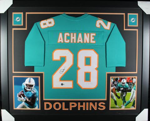De'Von Achane framed autographed teal jersey "Skyline Style"