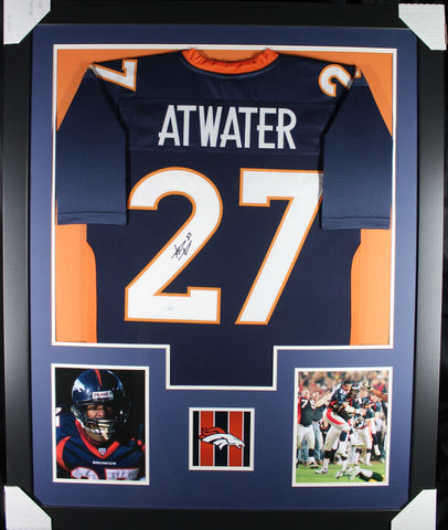 Steve Atwater framed autographed blue jersey "Tower Style"