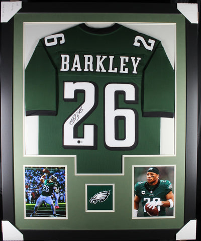 Saquon Barkley framed autographed green jersey "Tower Style"