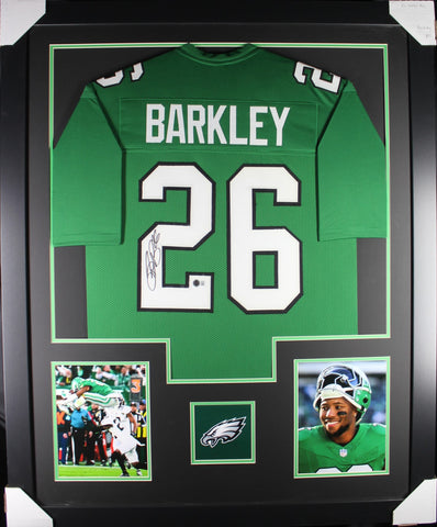 Saquon Barkley framed autographed kelly green jersey "Tower Style"