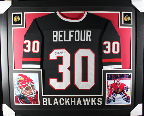 Ed Belfour framed autographed black jersey "Skyline Style"