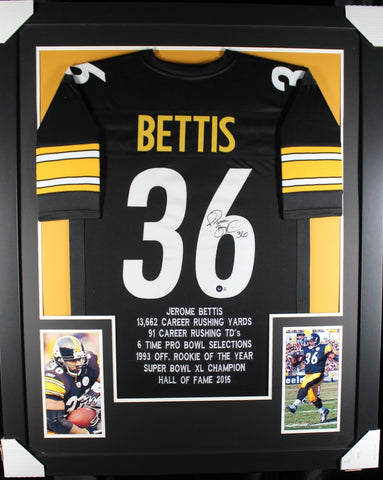 Jerome Bettis framed autographed black stat jersey "Tower Style"
