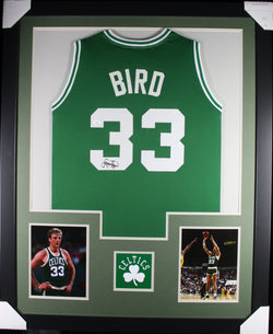 Larry Bird framed autographed green jersey "Tower Style"