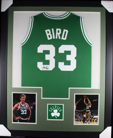Larry Bird framed autographed green jersey "Tower Style"