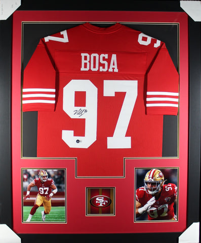 Nick Bosa framed autographed red jersey "Tower Style"