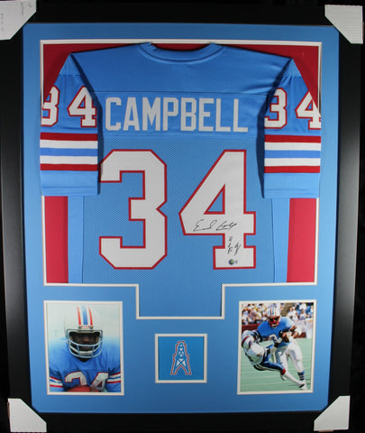 Earl Campbell "HOF 91" Inscribed framed autographed powder blue jersey "Tower Style"
