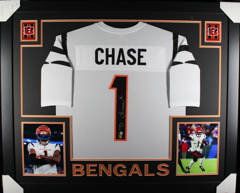 Ja'Marr Chase framed autographed white jersey "Skyline Style"