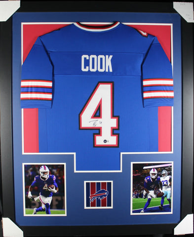 James Cook framed autographed blue jersey "Tower Style"