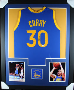 Steph Curry framed autographed blue jersey "Tower Style"