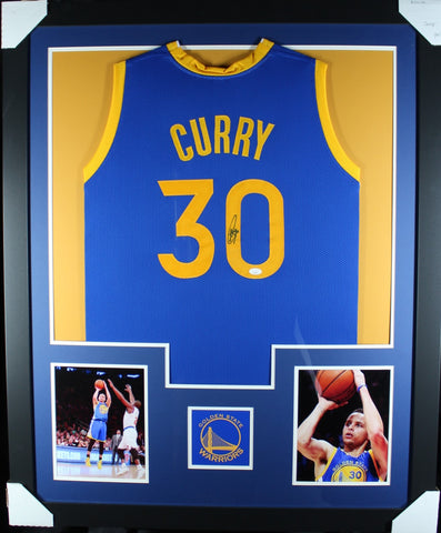 Steph Curry framed autographed blue jersey "Tower Style"