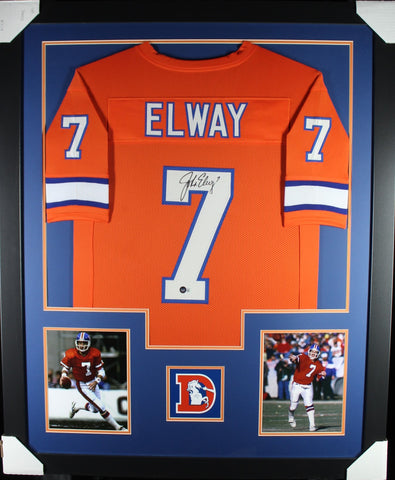 John Elway framed autographed orange jersey "Tower Style"