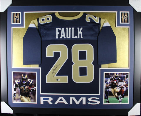 Marshall Faulk framed autographed navy jersey "Skyline Style"