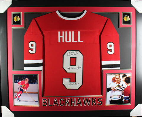 Bobby Hull framed autographed red jersey "HOF and Golden Jet" Inscribed "Skyline Style"