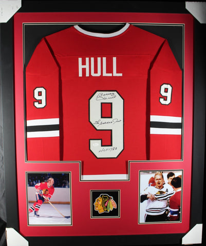 Bobby Hull framed autographed red jersey "HOF and Golden Jet" Inscribed "Tower Style"
