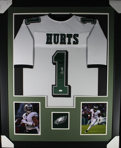 Jalen Hurts framed autographed white jersey "Tower Style"