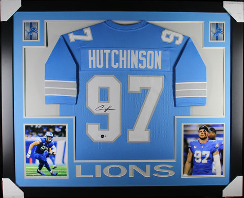 Aiden Hutchinson framed autographed new blue jersey "Skyline Style"