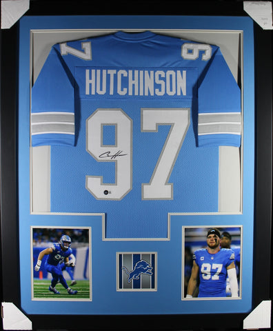 Aiden Hutchinson framed autographed blue jersey "Tower Style"