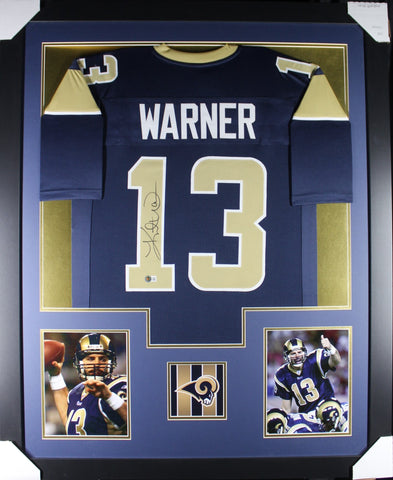 Kurt Warner framed autographed navy jersey "Tower Style"