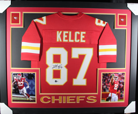 Travis Kelce framed autographed red jersey "Skyline Style"