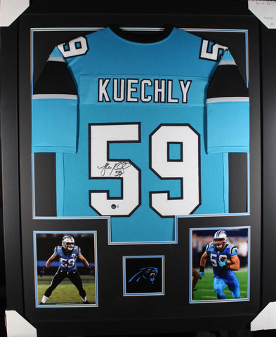 Luke Kuechly framed autographed teal jersey "Tower Style"