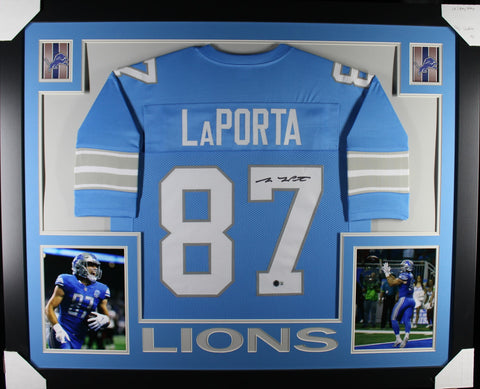 Sam LaPorta framed autographed blue jersey "Skyline Style"