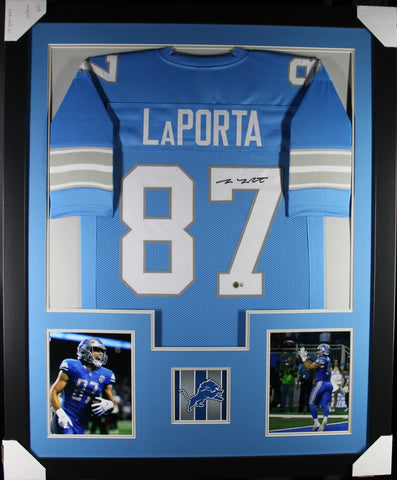 Sam LaPorta framed autographed blue jersey "Tower Style"