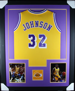Magic Johnson framed autographed yellow jersey "Tower Style"