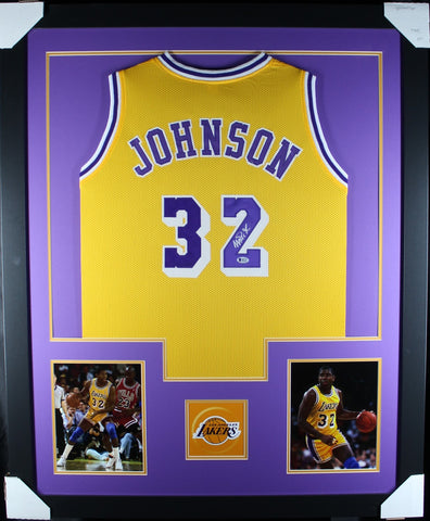 Magic Johnson framed autographed yellow jersey "Tower Style"