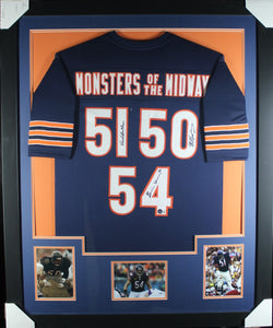 "Monsters of the Midway" Brian Urlacher, Dick Butkus, Mike Singletary framed autographed navy jersey "Tower Style"