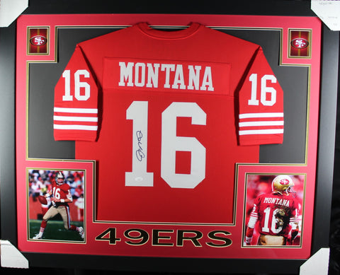 Joe Montana framed autographed red jersey "Skyline Style"