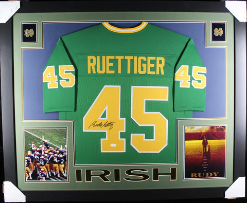 Rudy Ruettiger framed autographed green jersey "Skyline Style"