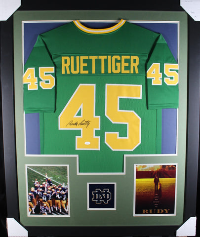 Rudy Ruettiger framed autographed green jersey "Tower Style"
