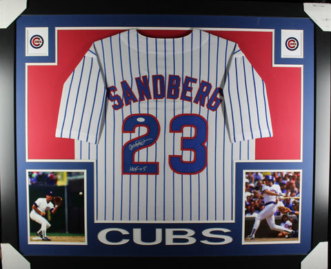 Ryne Sandberg "HOF 05" inscribed framed autographed white pin-stripe jersey "Skyline Style"
