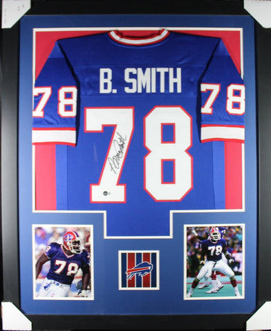 Bruce Smith framed autographed blue jersey "Tower Style"