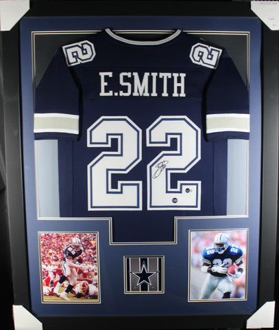Emmitt Smith framed autographed blue jersey "Tower Style"