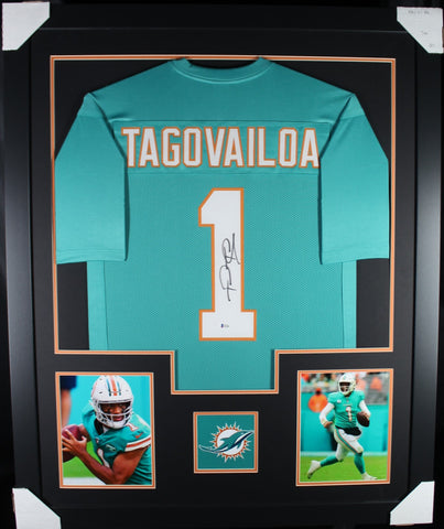 Tua Tagovailoa framed autographed teal jersey "Tower Style"