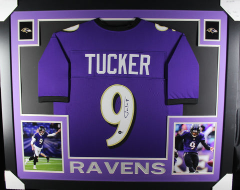 Justin Tucker framed autographed purple jersey "Skyline Style"