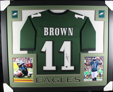 AJ Brown framed autographed green jersey "Skyline Style"