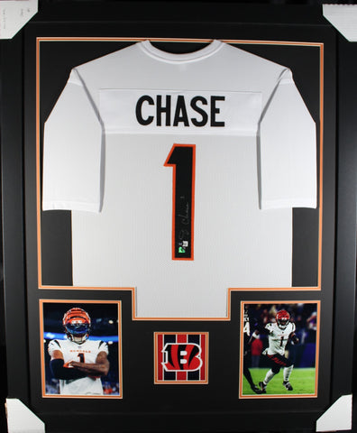 Ja'Marr Chase framed autographed white jersey "Tower Style"