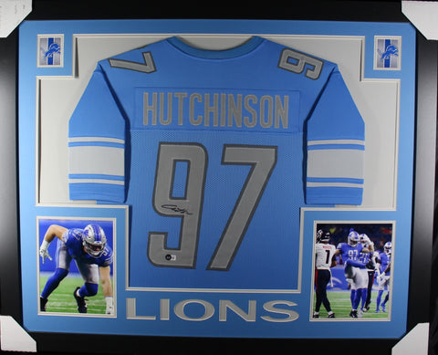 Aiden Hutchinson framed autographed blue jersey "Skyline Style"