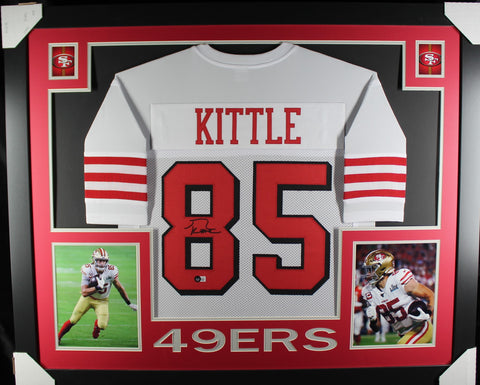 George Kittle framed autographed white jersey "Skyline Style"