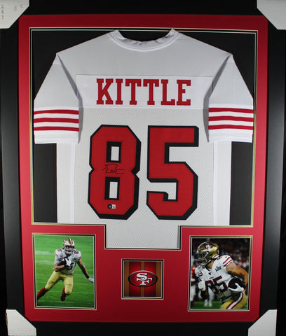 George Kittle framed autographed white jersey "Tower Style"