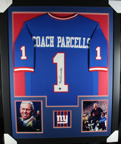 Coach Bill Parcells framed autographed blue jersey "Tower Style"