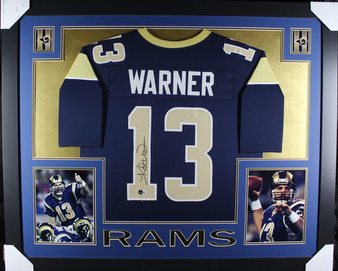 Kurt Warner framed autographed navy jersey "Skyline Style"