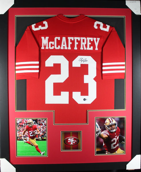 Christian McCaffrey framed autographed red jersey "Tower Style"