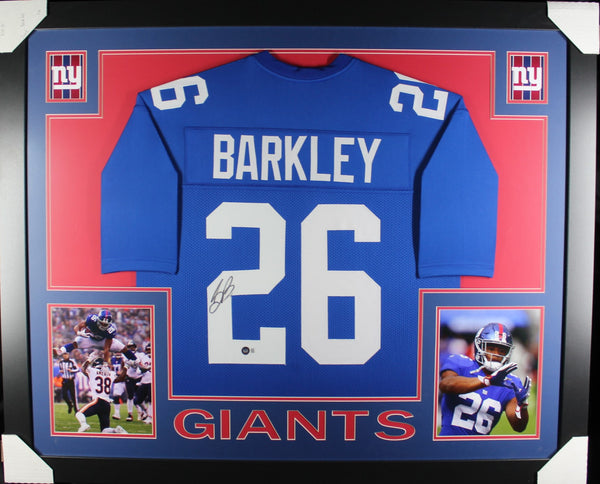 Saquon Barkley framed autographed blue jersey "Skyline Style"