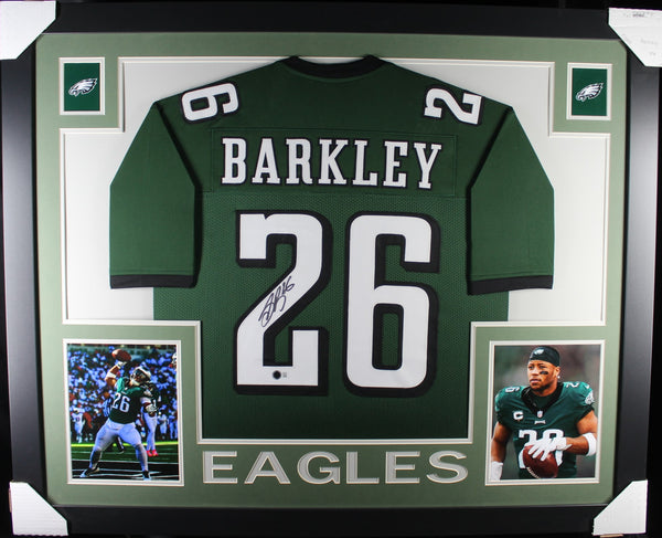 Saquon Barkley framed autographed green jersey "Skyline Style"