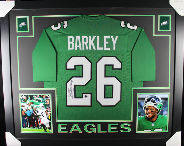 Saquon Barkley framed autographed kelly green jersey "Skyline Style"