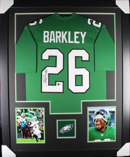 Saquon Barkley framed autographed kelly green jersey "Tower Style"