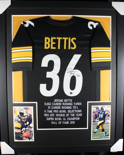 Jerome Bettis framed autographed black stat jersey